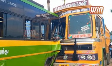 அந்தியூர் அருகே தனியார் மினி பேருந்தும் டிப்பர் லாரியும் நேருக்கு நேர் மோதி விபத்து.